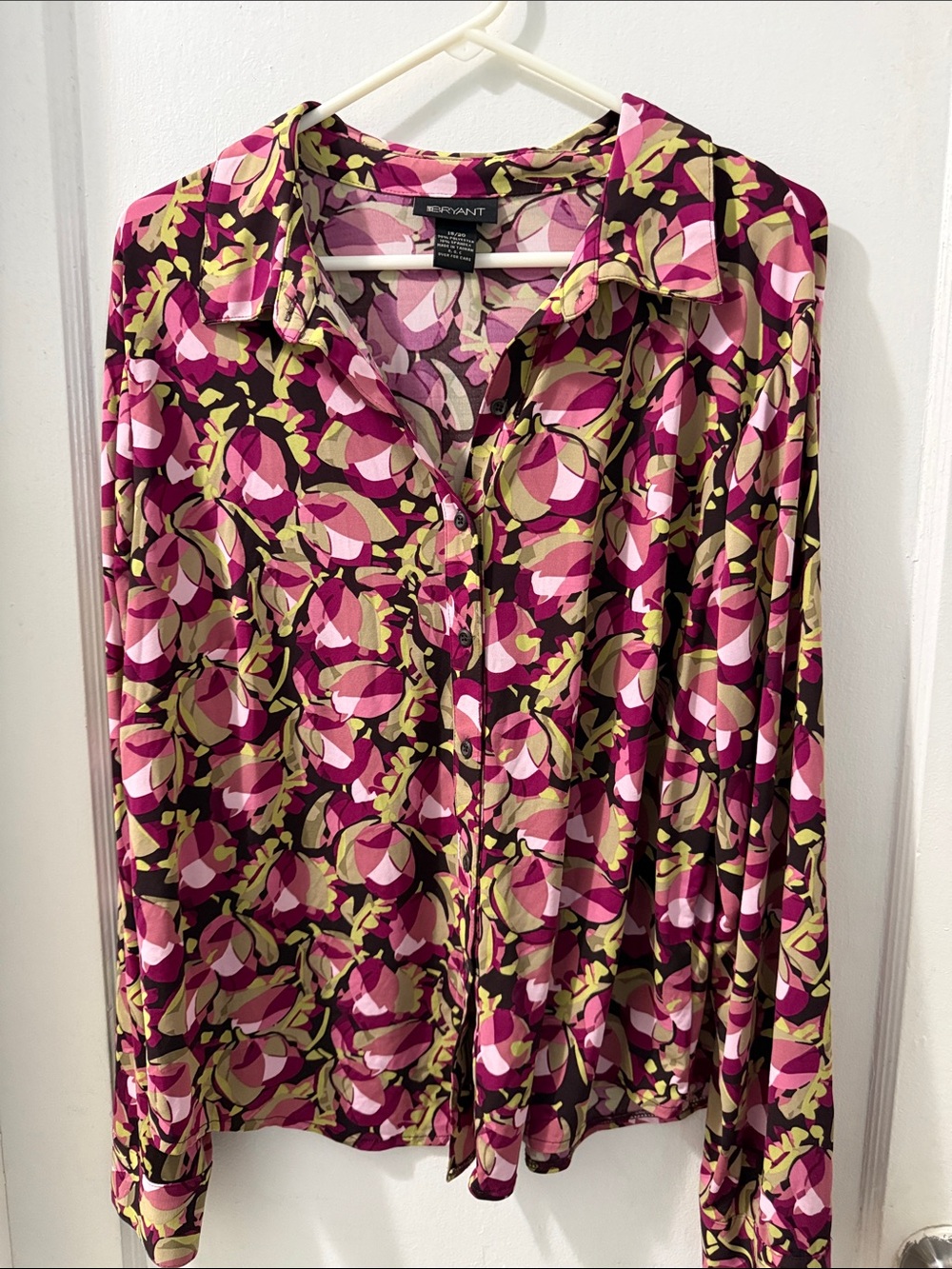 Lane Bryant Pink & Olive Abstract Floral Button-Down Top